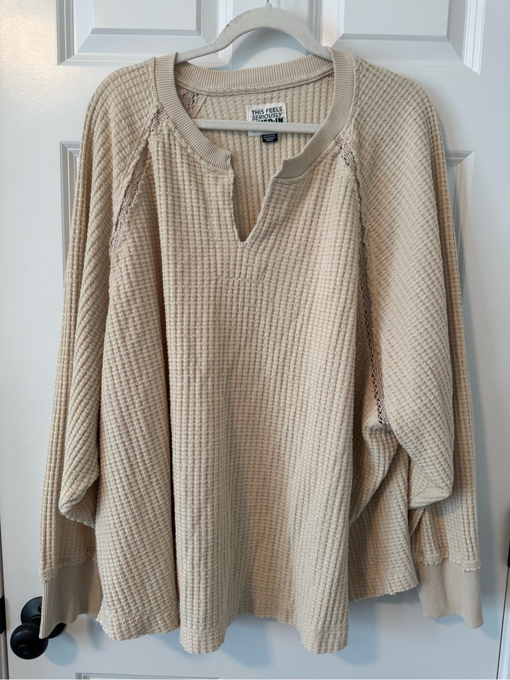 American Eagle Outfitters Beige Waffle-Knit Notch Pullover